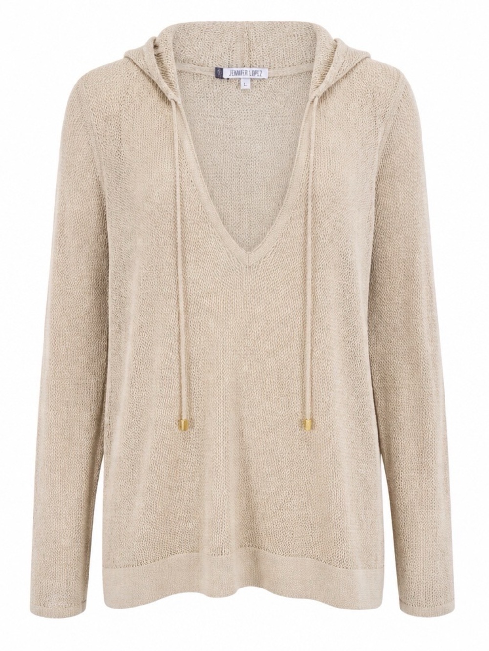 Jennifer Lopez JLO Large Beige Open Knit Hooded Pullover V-Neck Lightweight Boho